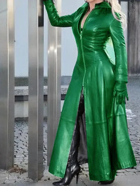 Odzież ze skóry PU ze stójką i zamkiem błyskawicznym Długi trencz damski w jednolitym kolorze z długim rękawem Slim Fashion Casual Sexy