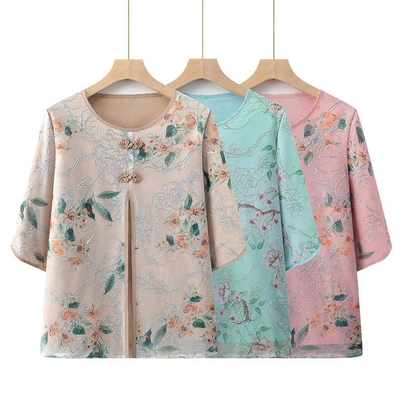 

2025 Women's Chiffon Duplex Embroidery T-Shirt High Quality Plus Size Spring Summer Blouse Fashion Outdoor Travel Shirt