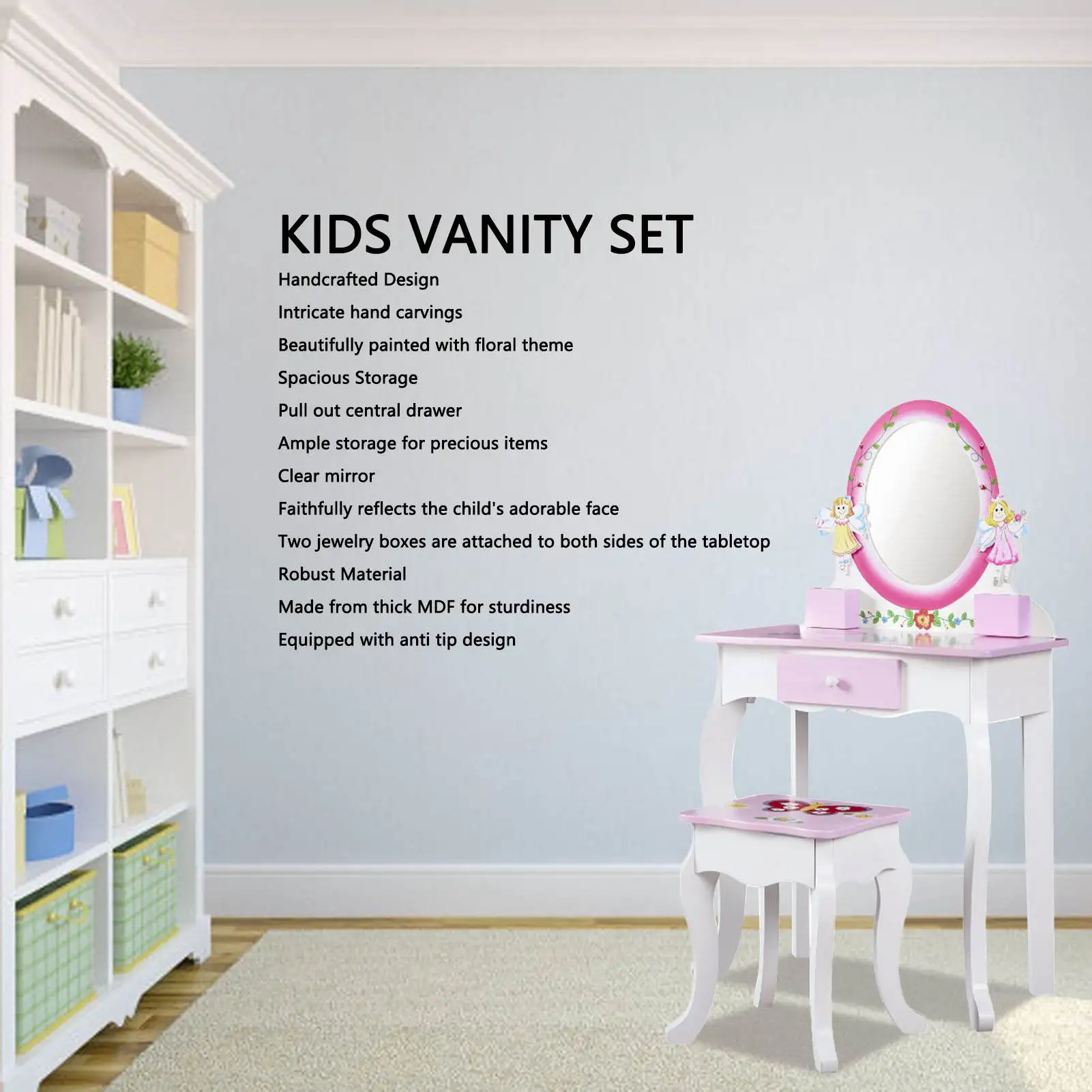 

Wooden Kids Makeup Vanity Set - Pink Floral Printed Dressing Table with Mirror Stool for Safe Role Play