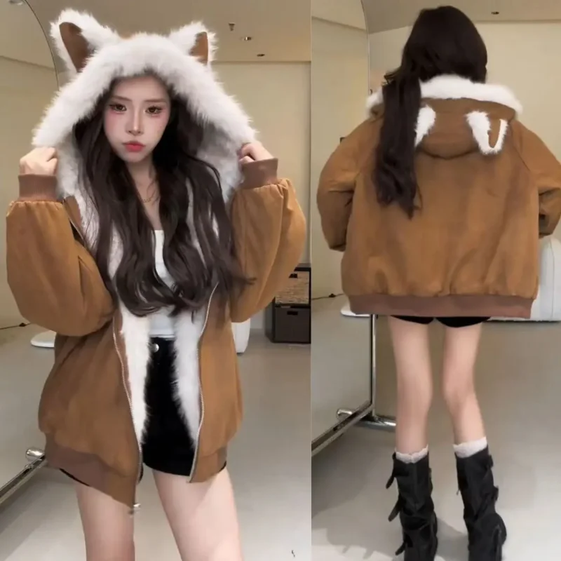 Płaszcz z grubym futrem damski American Gyaru Acubi Ropa Mujer Streetwear Punk Gothic Vintage Chaquetas Fleece Coat