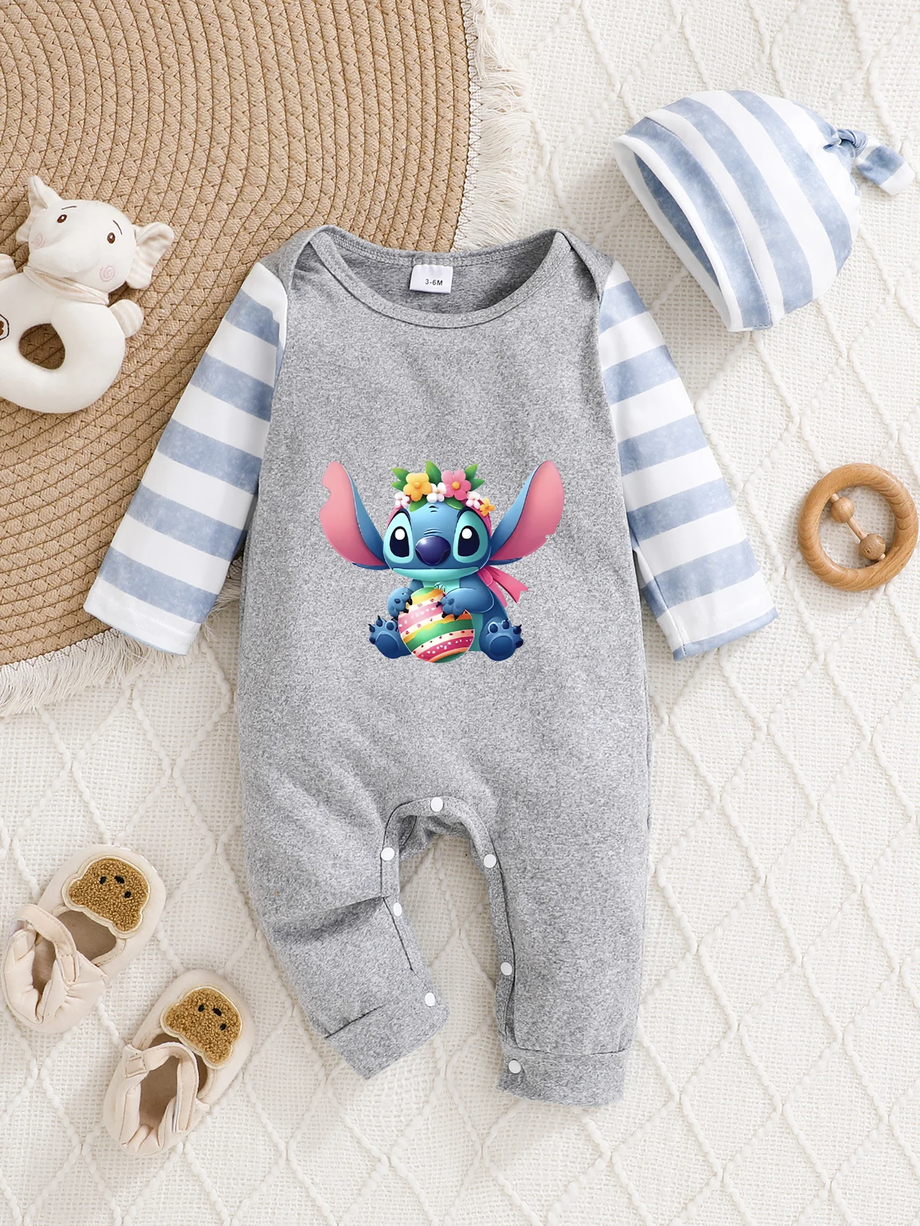 【Officially Authorized】 Disney Stitch  Floral Baby Hooded Jumpsuit | Cozy Fabric Flower Stitch & Egg Print Gray Jumpsuit with