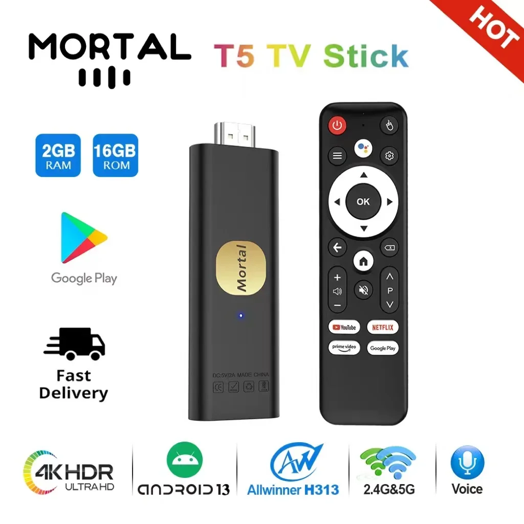 

Smart TV Stick Mortal T5 AllwinnerH313 Android13 4K HDR10 2.4G/5G WiFi BT5.0 16G TV Dongle Portable Streaming Media Google Voice