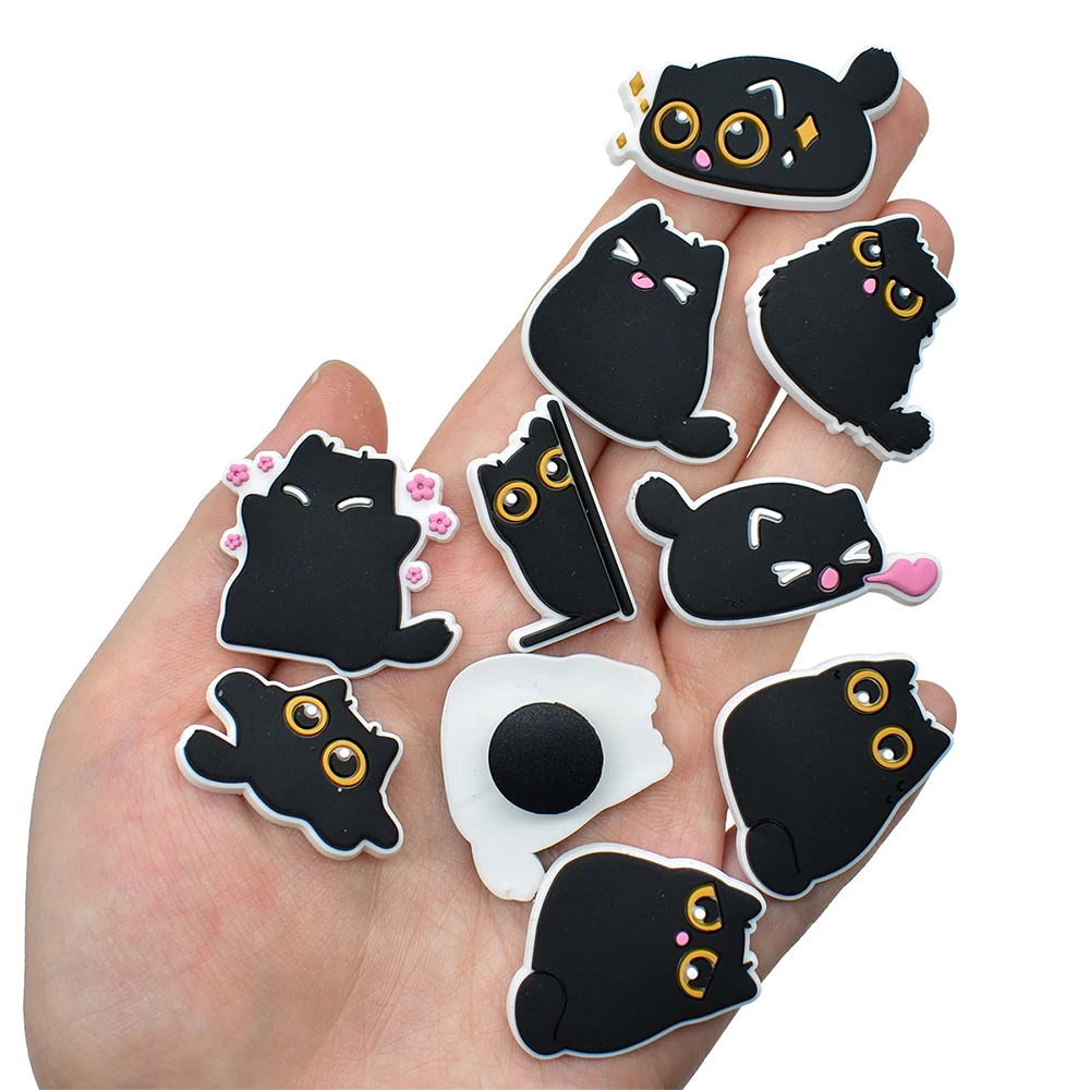 1-100Pcs Creativity Cute Black Cat Cartoon Series PVC Shoe Charms Accessories DIY Detachable Sandal Wristbands Decorations Gifts