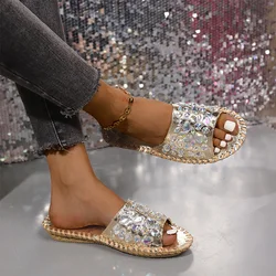 Women Crystal Flats Slingback Slippers Shoes 2024 New Summer Beach Casual Slides Fashion Open Toe Flip Flops Zapatillas Mujer