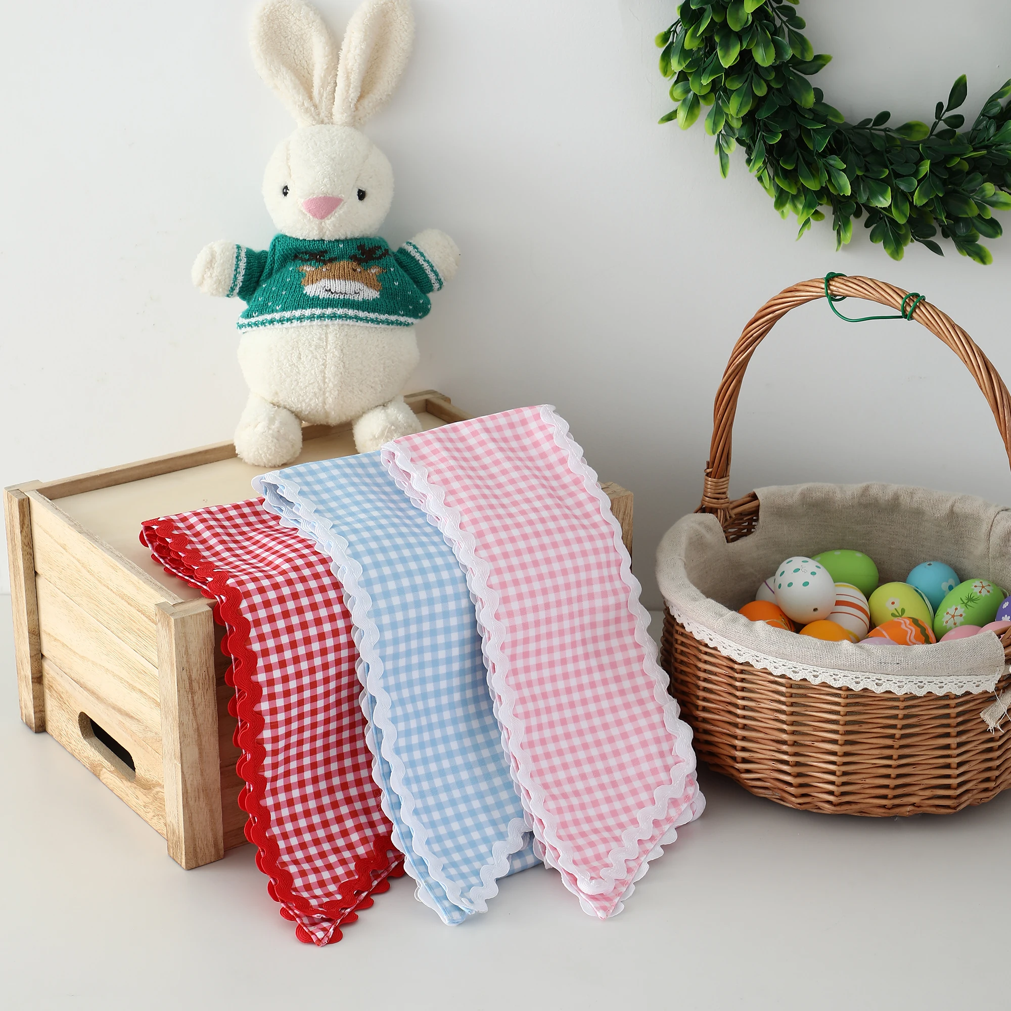Ric Rac Kranz Schärpen Gingham Canvas Osterkorb Schleife Perfekt für Korb Baby Tür Dekor Festival Party Supplies Babyparty – Detail 4