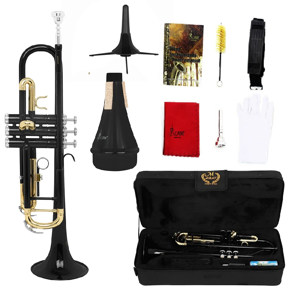 

Trumpet Bb B Flat Brass Black Gold Exquisite Durable Musical Instrument with Mouthpiece Bracket Weak Speaker Gloves Strap Case