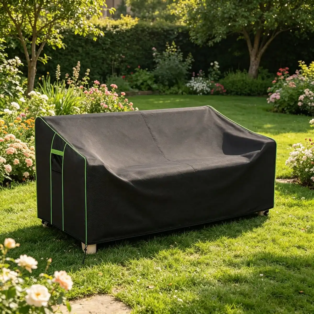 Outdoor 2-Seater Bench Sofa Cover Waterproof Anti-UV Dustproof Patio Loveseat Protective Cover with Green Edge & Side Storage Po