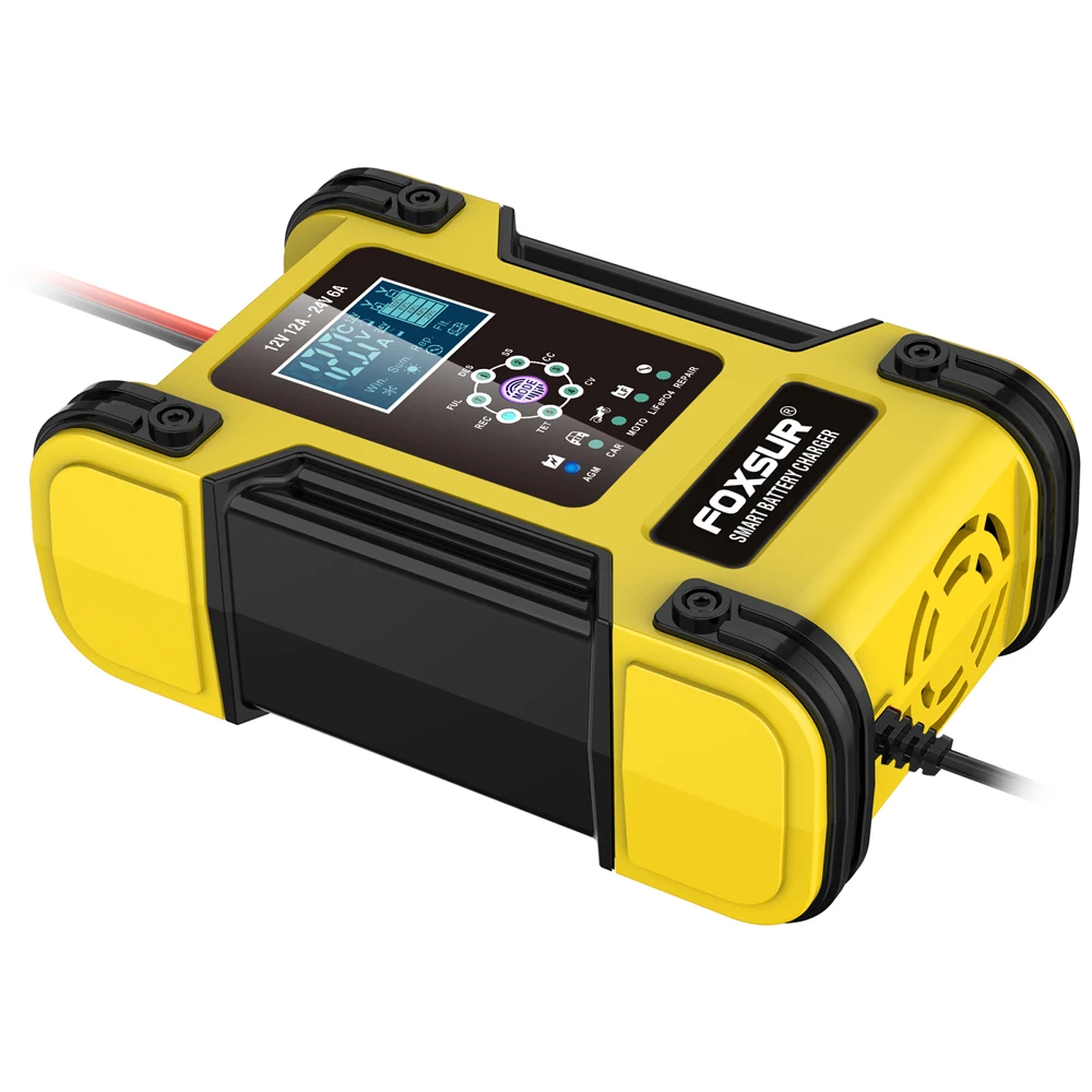 Foxsur volautomatische auto-acculader 12V 12A digitale display acculader Power Pulse reparatieladers nat droog loodzuur