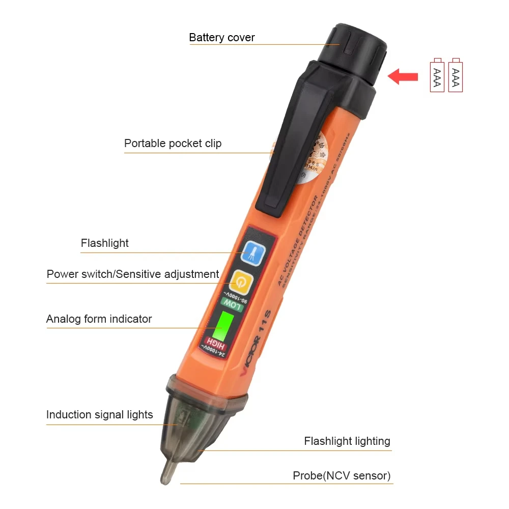 VICTOR VC10/11S Non Contact Voltage Detector Pen High and Low Dual Mode 1000V Electric Pencil Volt Tester