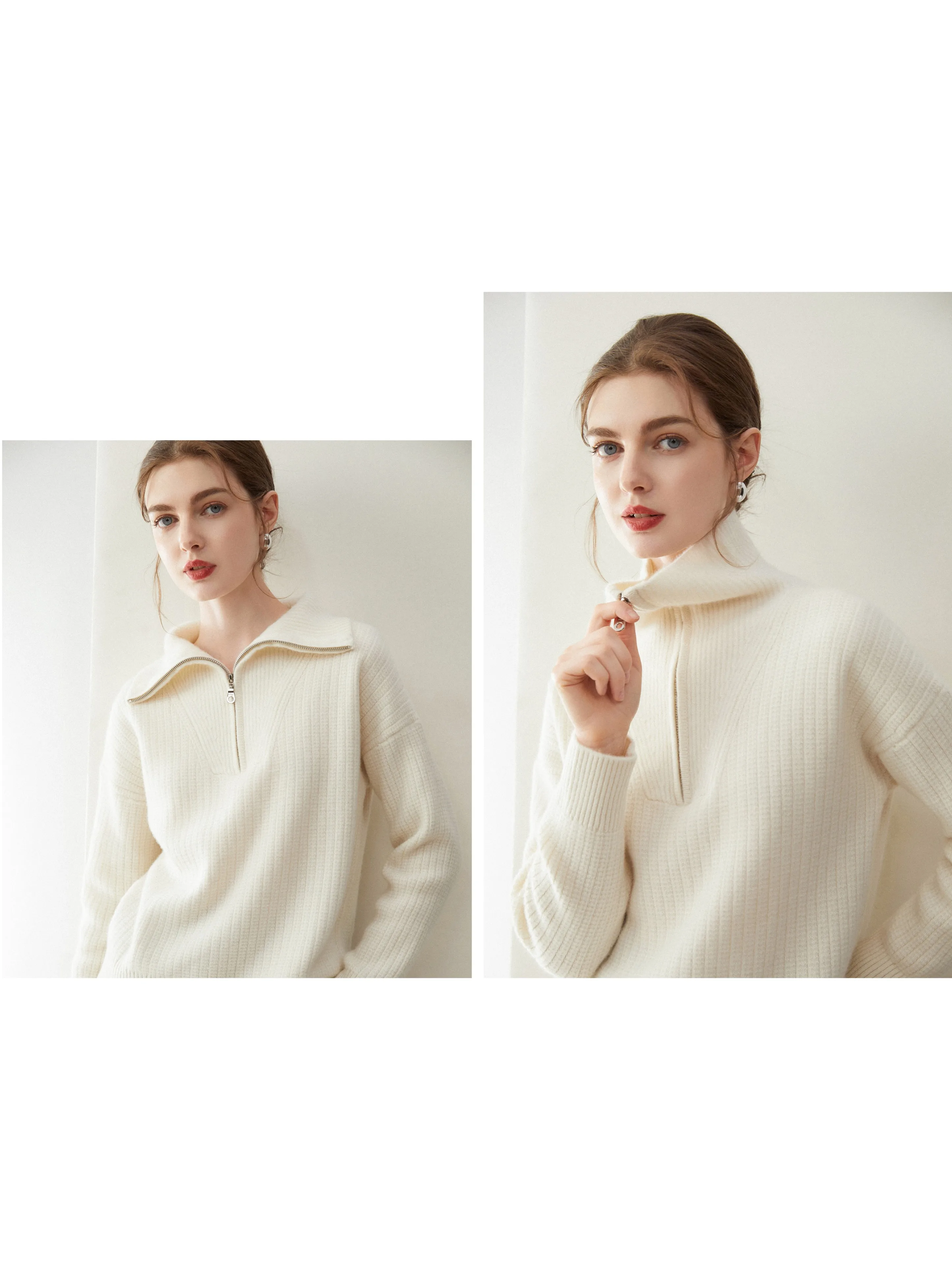 

Women Autumn Winter 100% Goat Cashmere Pullover Sweater Soild Half Zipper Lapel Collar Light Luxury Loose Knitted Tops High-end