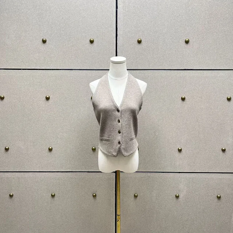 Chaleco halter de punto de un solo pecho con cuello en V de estilo retro con un sentido del diseño de nicho, sin mangas y versátil, chaleco corto en capas