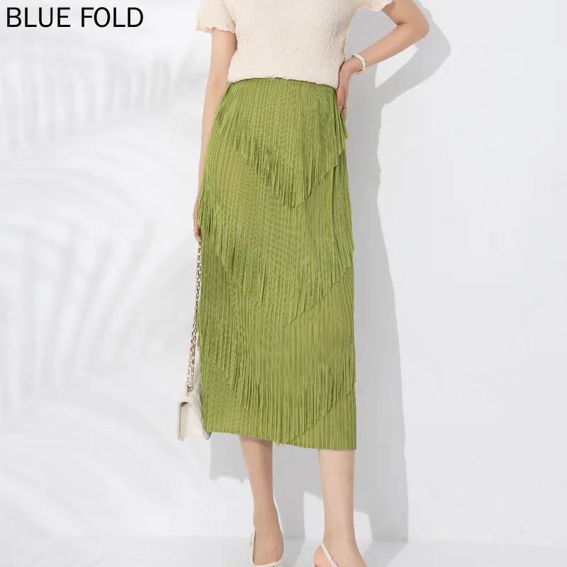 MIYAKE-V-Shaped Tassel Skirt for Women Retro Pleated Skirt Mid-Length Three-Layer Monochromatic New Design Design Sense Fashion