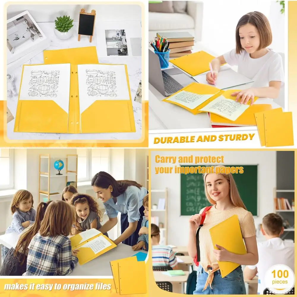 Paquete de 100 carpetas de plástico de 2 bolsillos con perforadora de 3 agujeros para carpetas de 3 anillas, material poli duradero, amarillo, adecuado para oficina y H