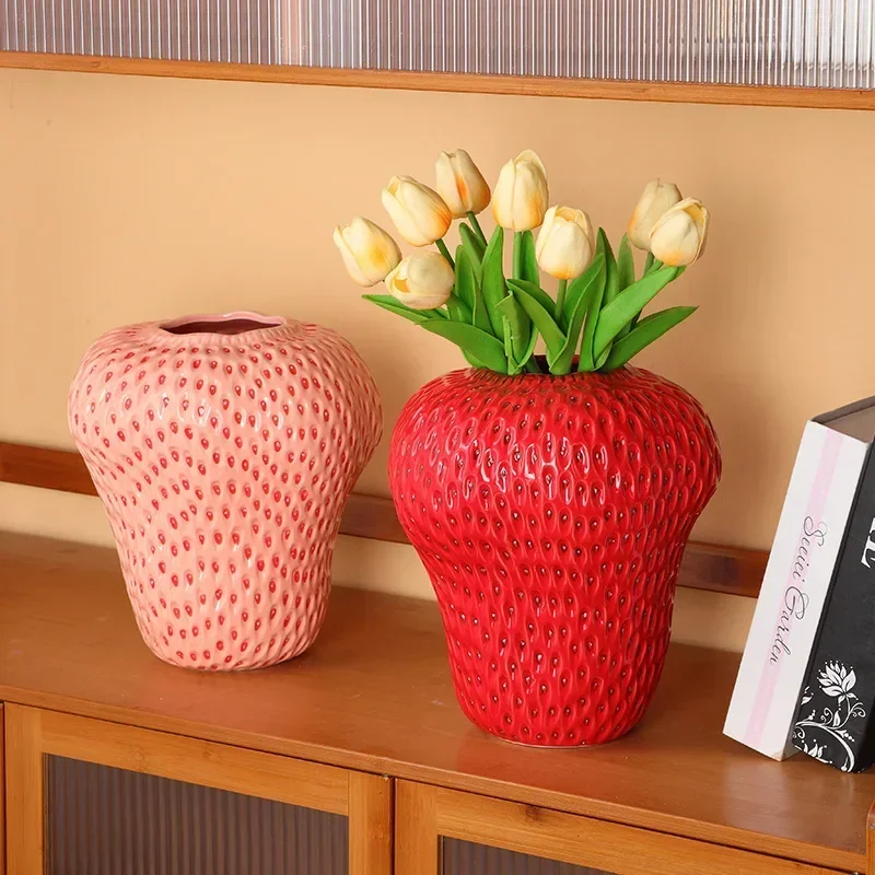 

Cartoon Strawberry Vase Flowerpot Home Decoration Accessories Ceramic Vase Children's Room Artifact Floral Accessories Fruit Pot