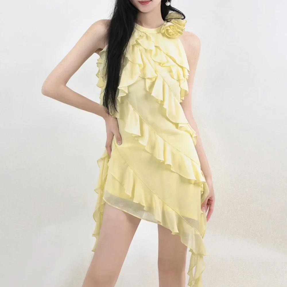 

2024 Women's Clothing Ruffled Ribbon Halter Neck Dress Spring Summer New 0603