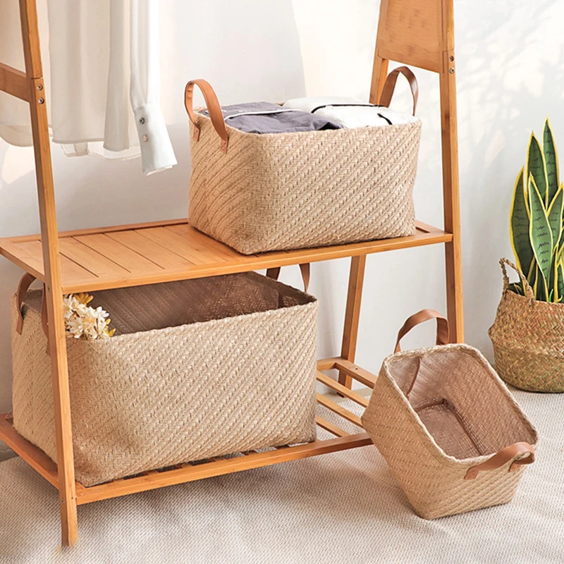 Jute Storage Basket Rectangle Laundry Baskets with Handle Foldable Sundries Organizador for Toy Washable Storage Container