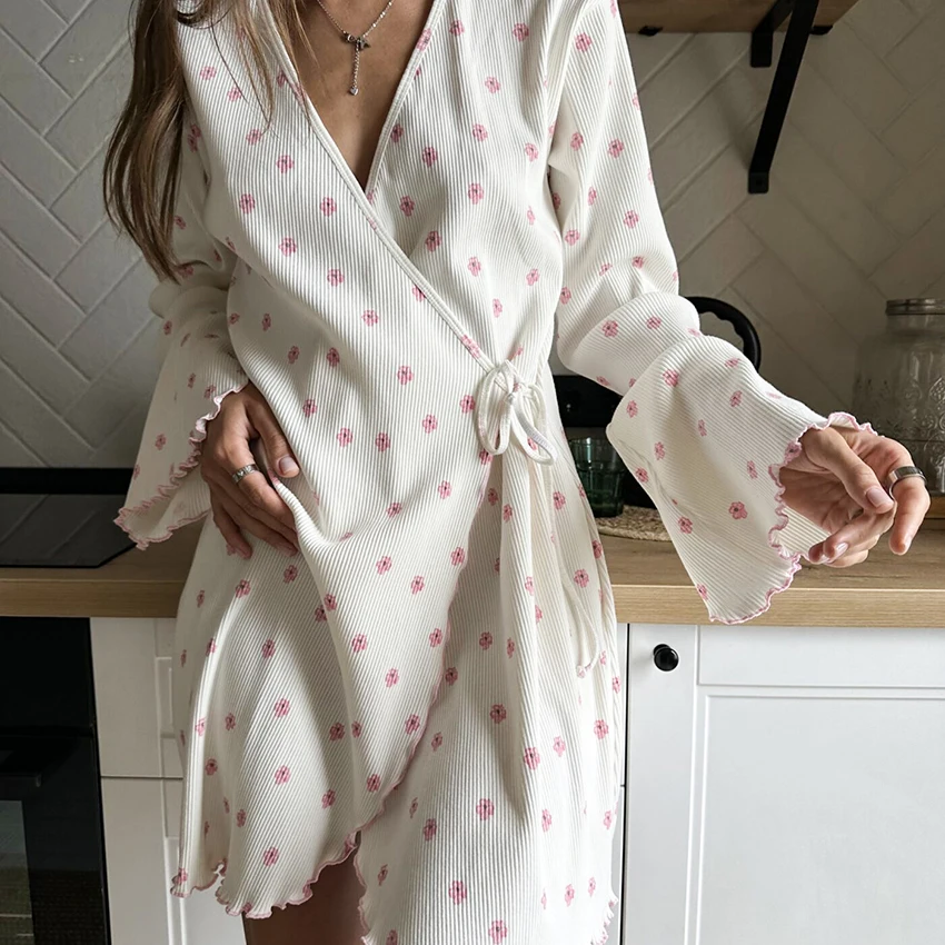 

Hiloc Casual Print Women'S Sleeping Dress V-Neck Knit Lace-Up Top Minimalist Striped Funny Cute Ruffled Spring Autumn New 2025