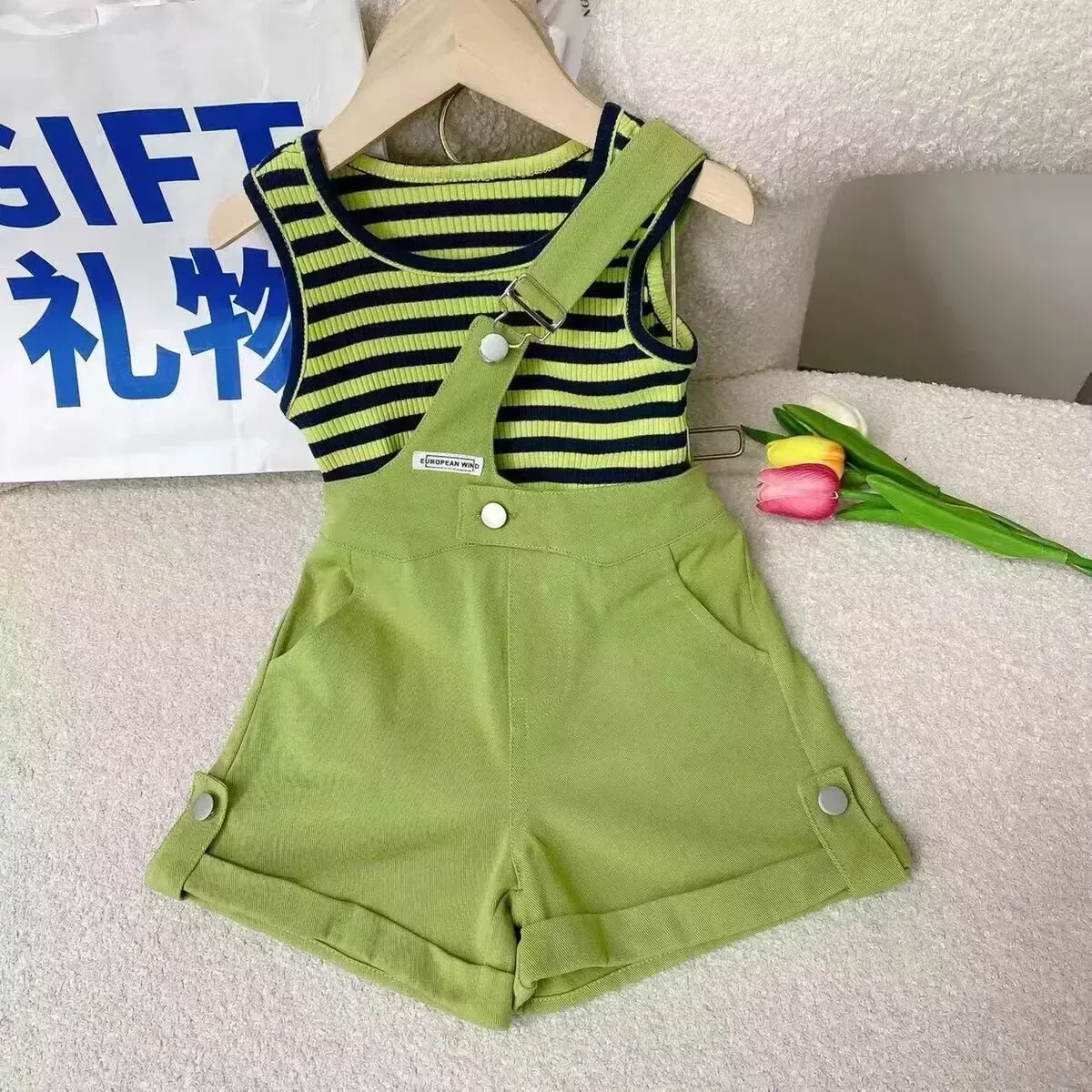 2024 summer fashion kids girls suspender suits  new  striped vest tops baby girl shorts 2pcs clothing  sets