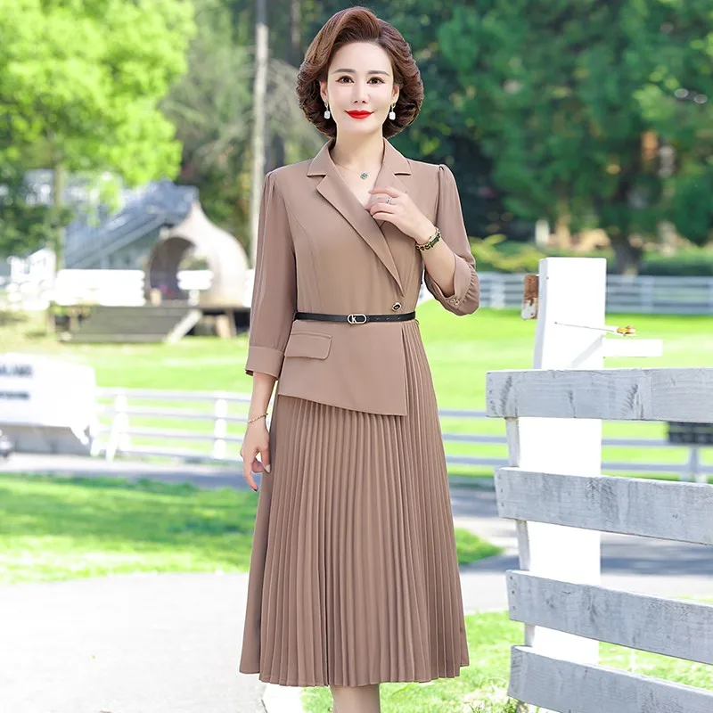 Chic Spring and summer ​Pleated Suit Dress Women Elegant Solid color 3/4 Sleeved A-Line Office Ladies Work Long Dresses