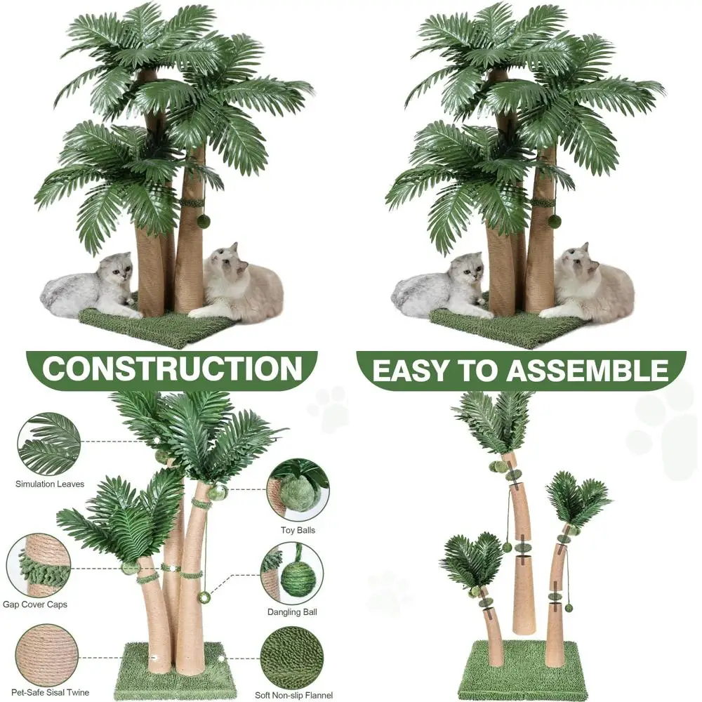 

3-х уровневое изогнутое пальмовое кошачье дерево с 8 интерактивными шариками и когтеточками из сизалевой веревки для домашних кошек