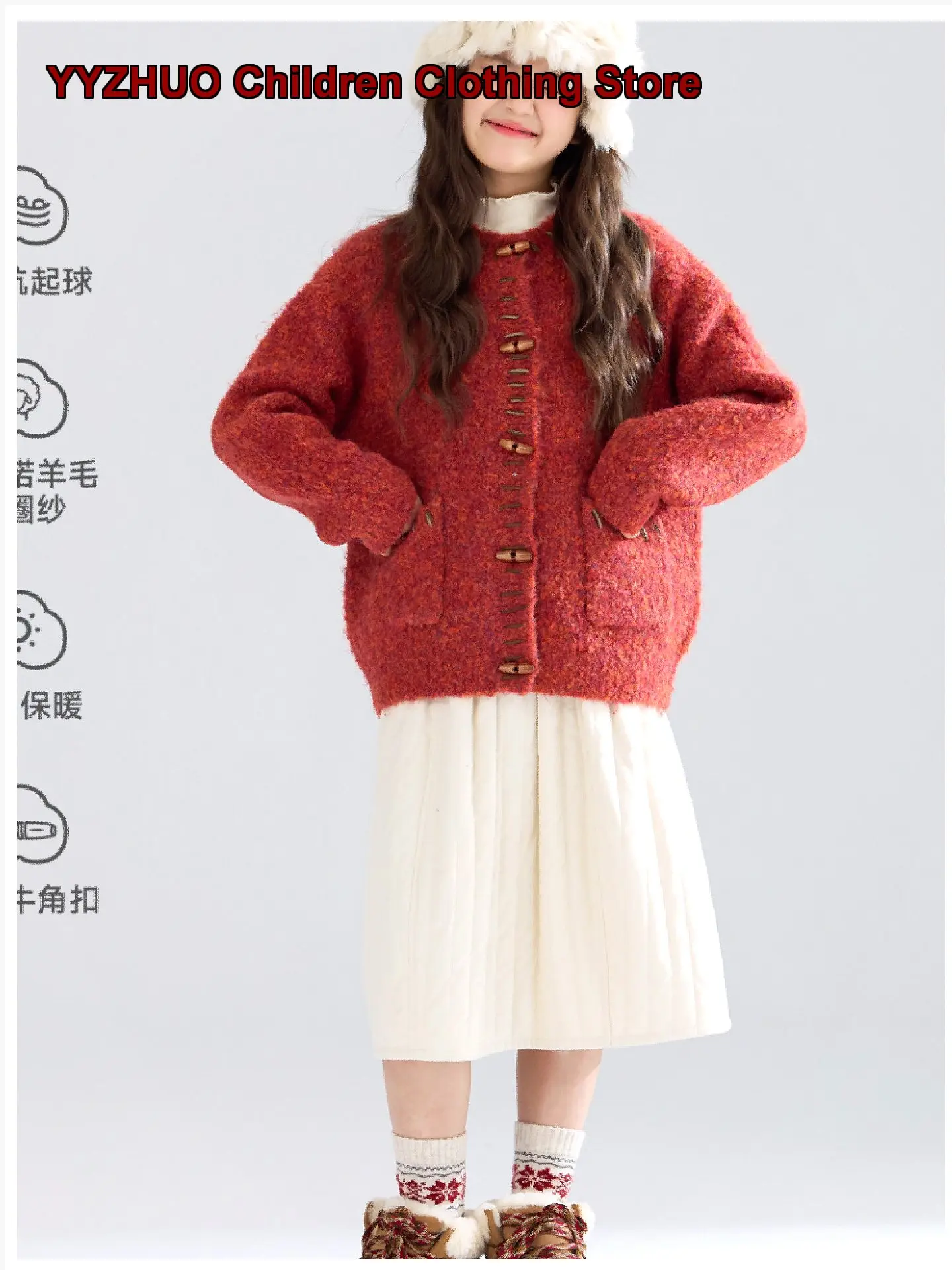 New Year Elk Circle Yarn Horn Button Jacket Cardigan Girls Winter New