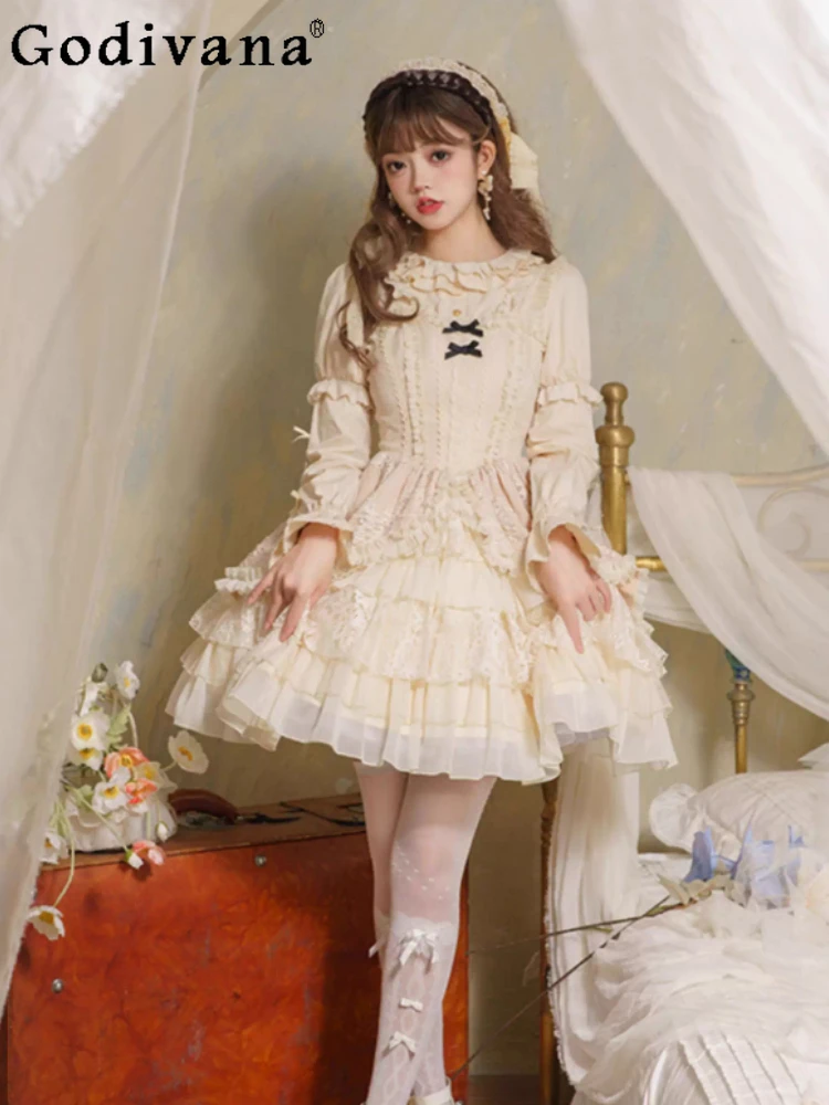 

Весенне-осеннее элегантное платье в стиле Лолита с высокой талией, квадратным вырезом, без рукавов, многоярусное, для девочек, с оборками, с круглым вырезом, с длинными рукавами, с бантом