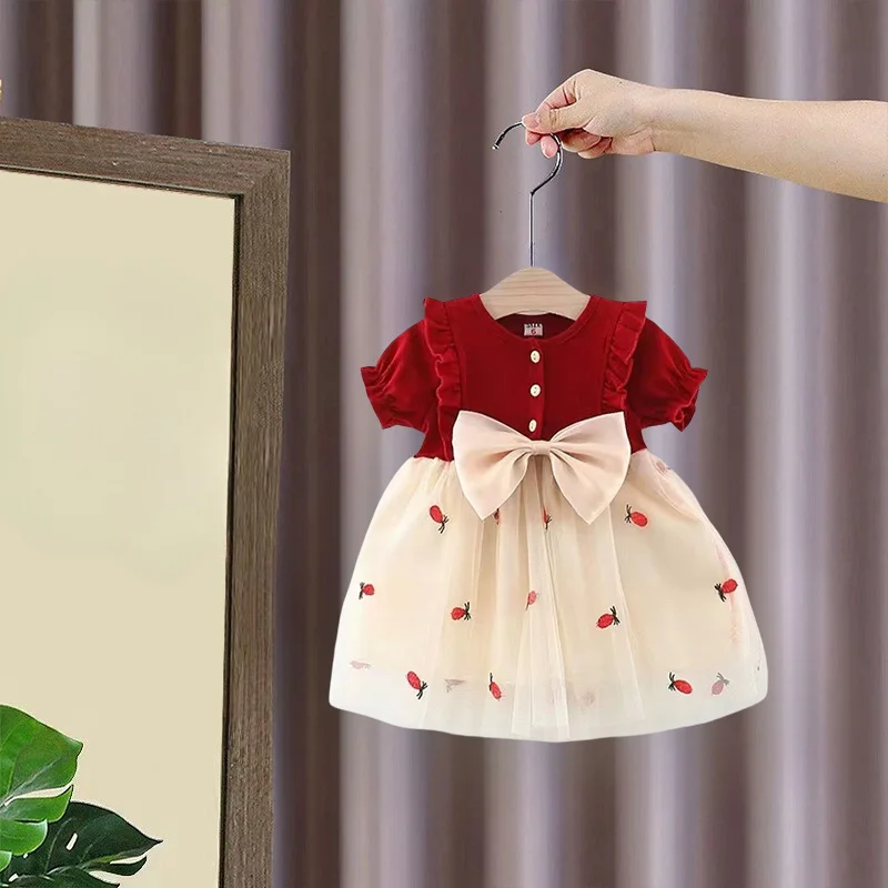

Summer New Lace Bubble Sleeve Dress For Baby Girls With Strawberry Big Bow And Pineapple Pattern Princess Skirt