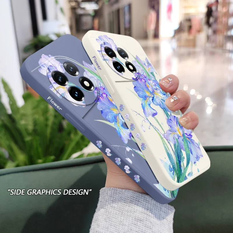 Lindo íris flores caso de telefone para oneplus 12 12r 11 11r 10 10r 10t 9r 9rt 9 8t 8 7 7t pro 5g capa de silicone líquido