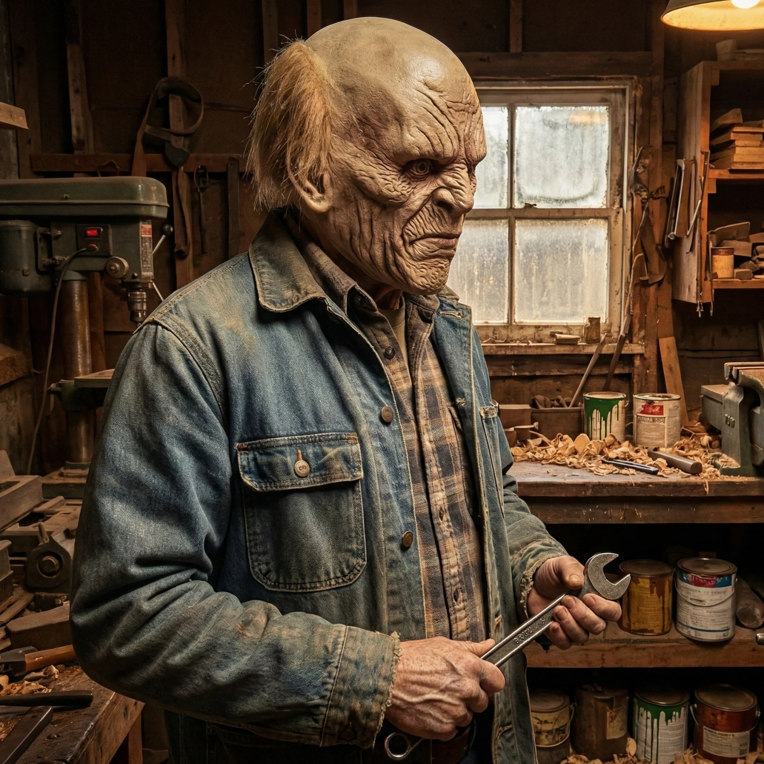 Gruselige, böse aussehende Maske eines alten Mannes, gruseliges, faltiges Gesicht, Latex-Kopfbedeckung, Halloween-Spukhaus-Requisite mit zartem Haar