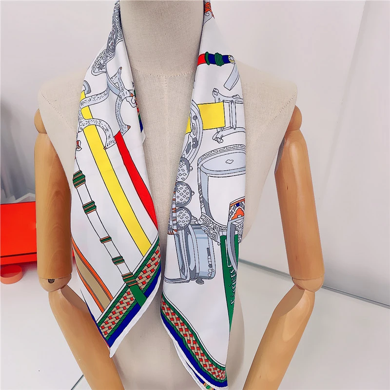 Belt Stirrup Print Manual Hand Rolled Twill Silk Scarf Women Fashion Square Scarves Foulard Femme Wrap Lady Bandana Hijab