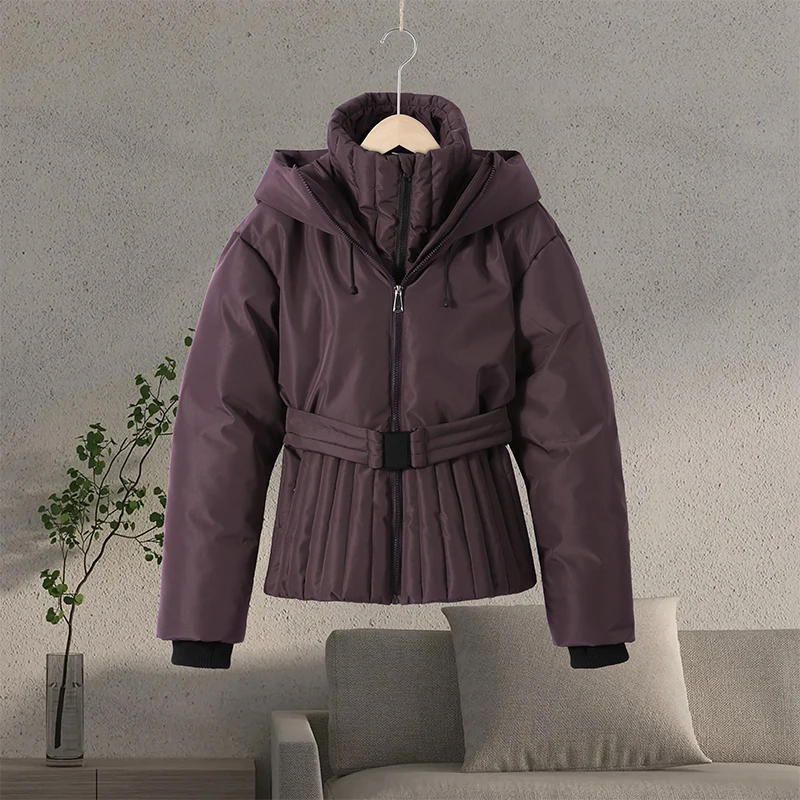 Hooded Skiing Coats Women Solid Stand Collar Belts Pleated Zippers Full Sleeve Thicken Cotton Jacket 2026 Winter Lady Outwears