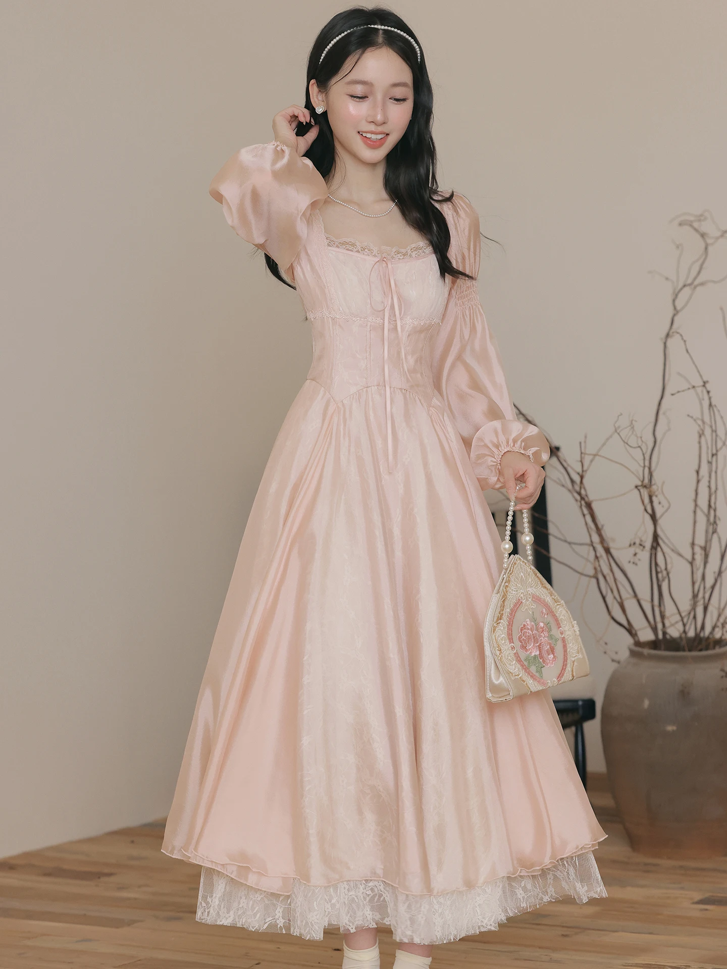 Artistiek Princ Sle Lang Sve Kant Dr Taille Cinched Fairy T Beau Courtly Wind Hoge taille A-lijn Midi Dr