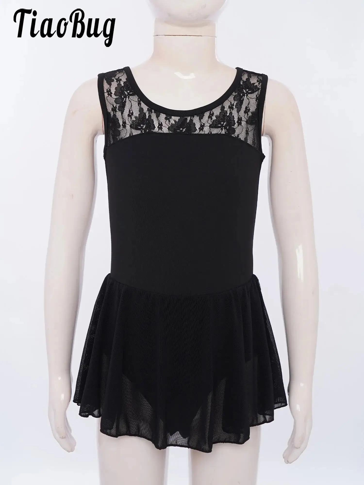 

Kids Girls Dance Sleeveless Sheer Floral Lace Patchwork Dress Leotards Ballet Lyrical Dancing Practice Performance Costumes