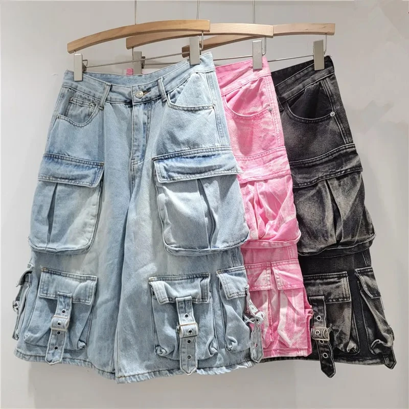 

Summer 2025 Women's 7/8 Length Denim Cargo Shorts - Washed Vintage Finish with Multiple Pockets