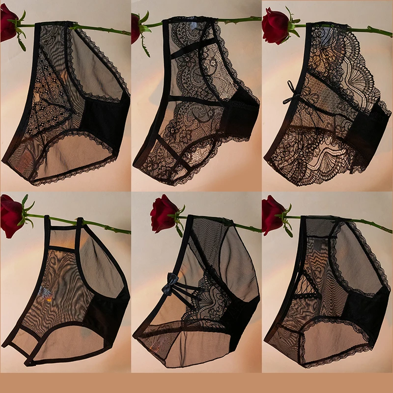

6-секционное кружевное женское нижнее белье, сексуальные брюки, милые дышащие трусики, элегантное нижнее белье с прозрачным бантом