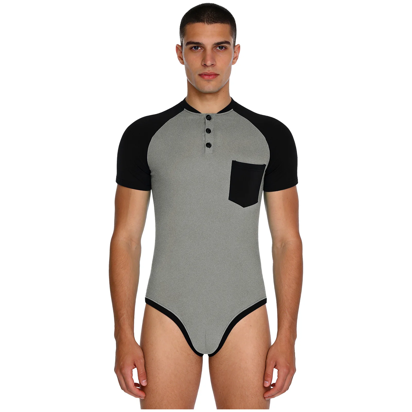 

Mens Bodysuit Swimwear Buttoned Neck Short Sleeve Openable Crotch Bodycon Leotard Jumpsuit Gym Sports Swimming Romper Swimsuit