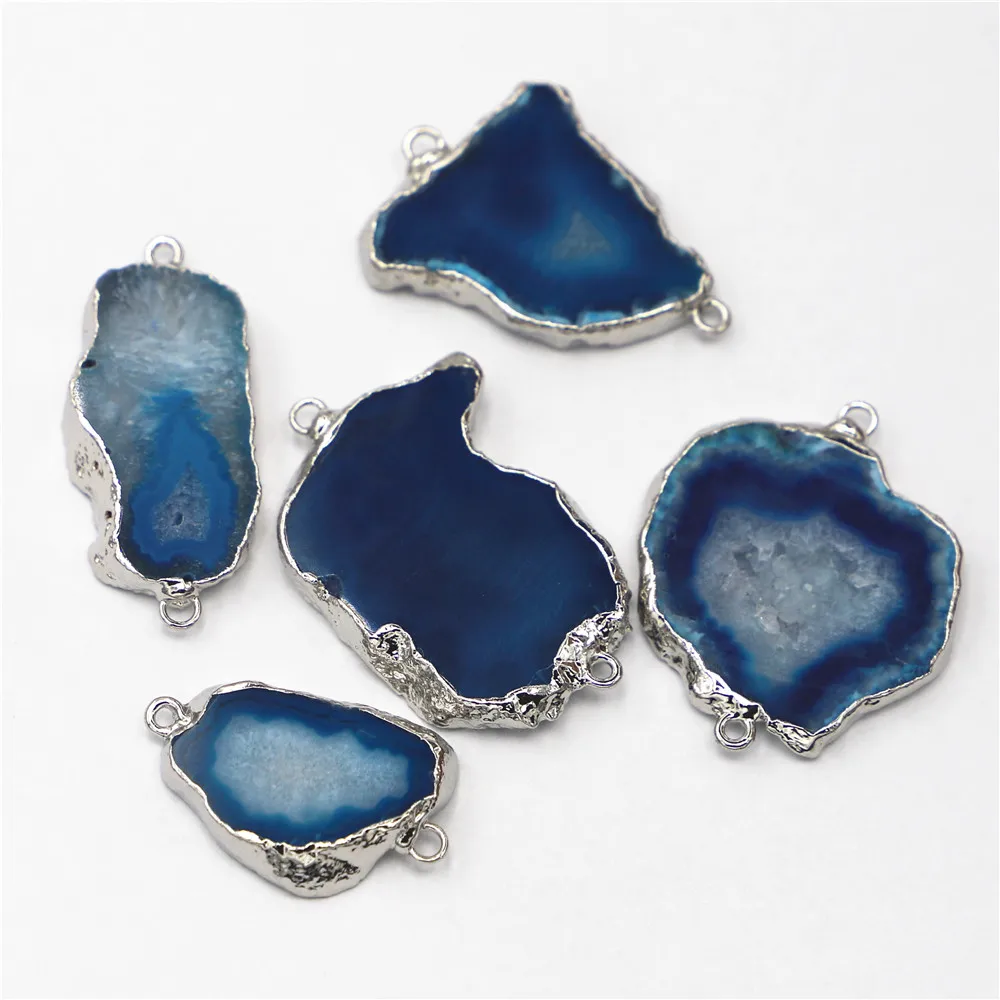 New Natural Stones Blue Agates Druzy Slice Pendants Charms Connectors Irregular Raw For DIY Men Jewelry Making Wholesale 5PCS