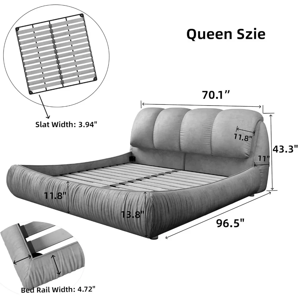 Queen Size Bed Frame With Wooden Slats Support, Contemporary Upholstered Beds, Oversized Padded Backrest Bed Frames