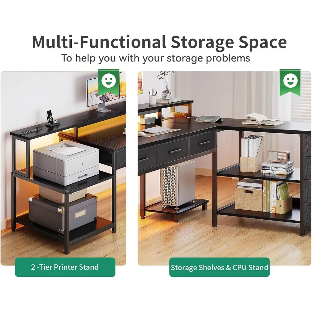 79" L Shaped Desk with 7 File Drawers, 2 Power Outlets & Monitor Shelf, Storage Shelves, LED Light, Black, Computer Desk
