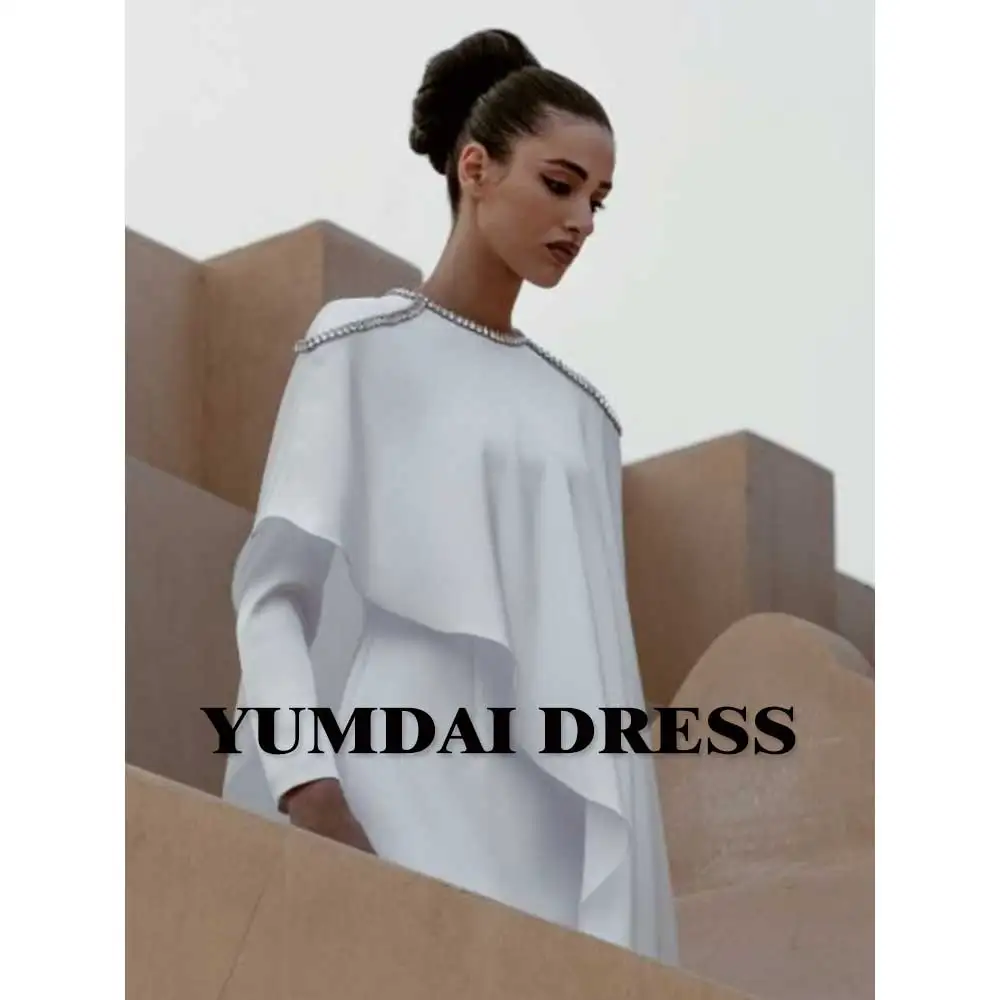 YUMDAI Luxury Dubai White Smock Evening Dress Ladies Special Event Formal Dinner Dress Rhinestone Beaded Long Sleeve Dress New