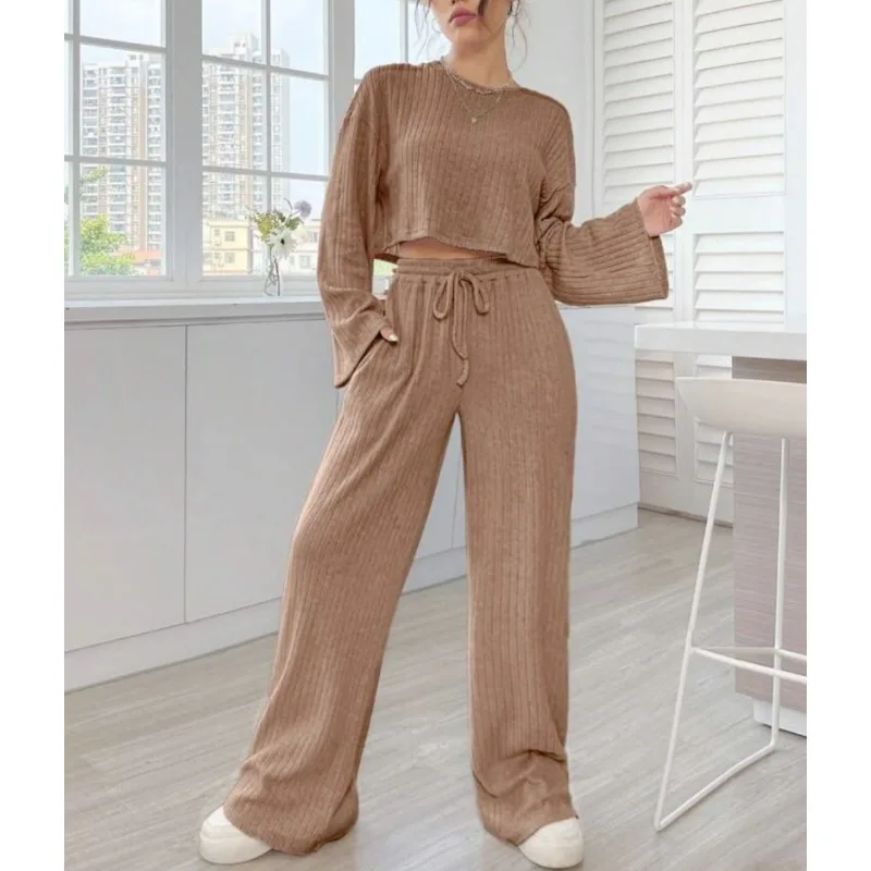 

Spring Winter New Leisure Home Clothing Knitted Long Sleeves+trousers 2 Sets of Women's Suits