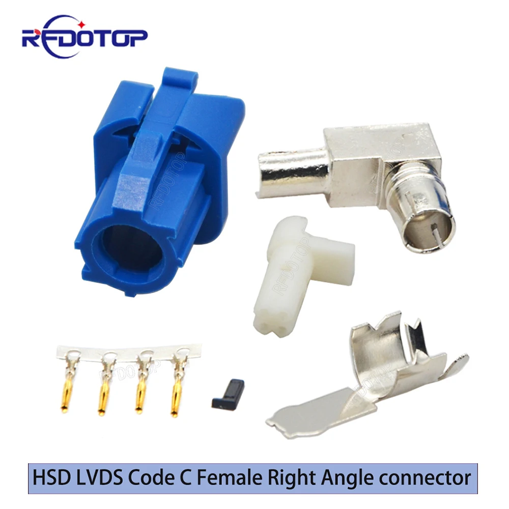 New Car Vihicle Blue Fakra HSD LVDS 4 Pin Connector Code C Type Right Angle Female Jack Crimp for 535 4 Core Coaxial Cable