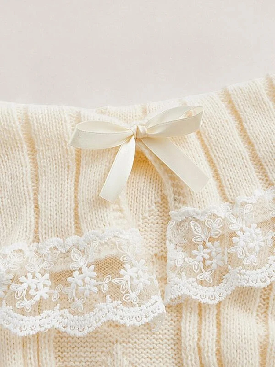 Women Long Sleeve Contrast Lace Knit Pullovers Autumn Winter Cold Shoulder Sweaters Bow Front Jumper Tops Beige/Pink view 4