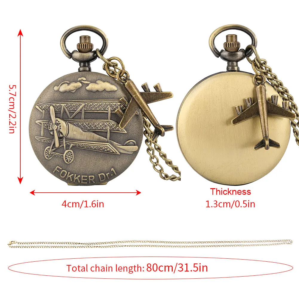 Vintage Bronze Pocket Watch Aircraft Antique Quartz Pendant Watches Necklace Clock Gift for Men Women with Aircraft Accessory