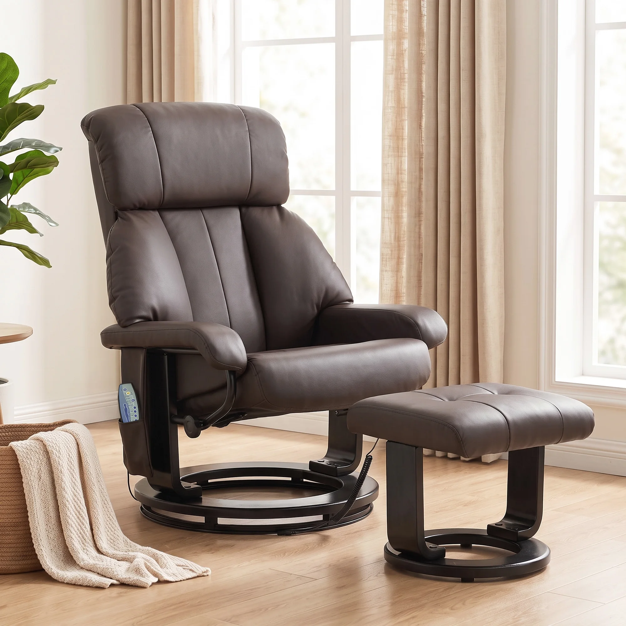 HOMCOM Massage Swivel Recliner Chair with Ottoman, Reclining Lounge, Brown