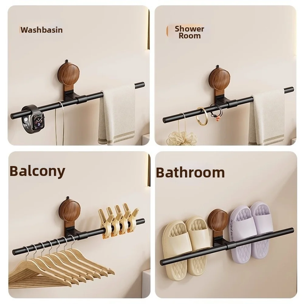 Adjustable Suction Cup Towel Rack for Bathroom with Wood Walnut Finish and 6.7cm Wall Gap Aluminum Frame No Drill
