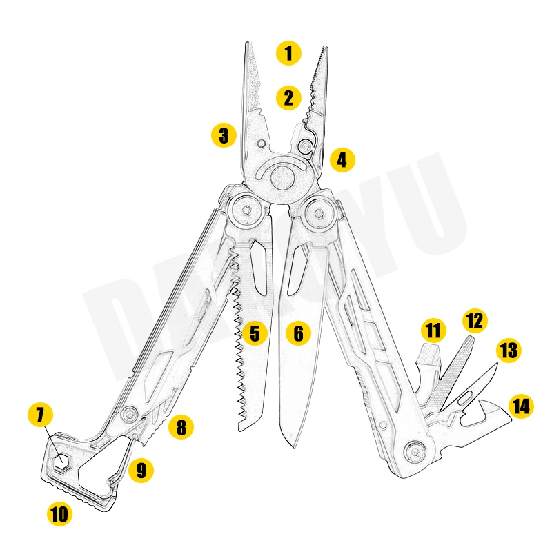 DAKOYU-Pince à outil multifonctionnelle pliable, outil de bloc multifonctionnel, équipement de plein air EDC, jaune boue, 23 en 1