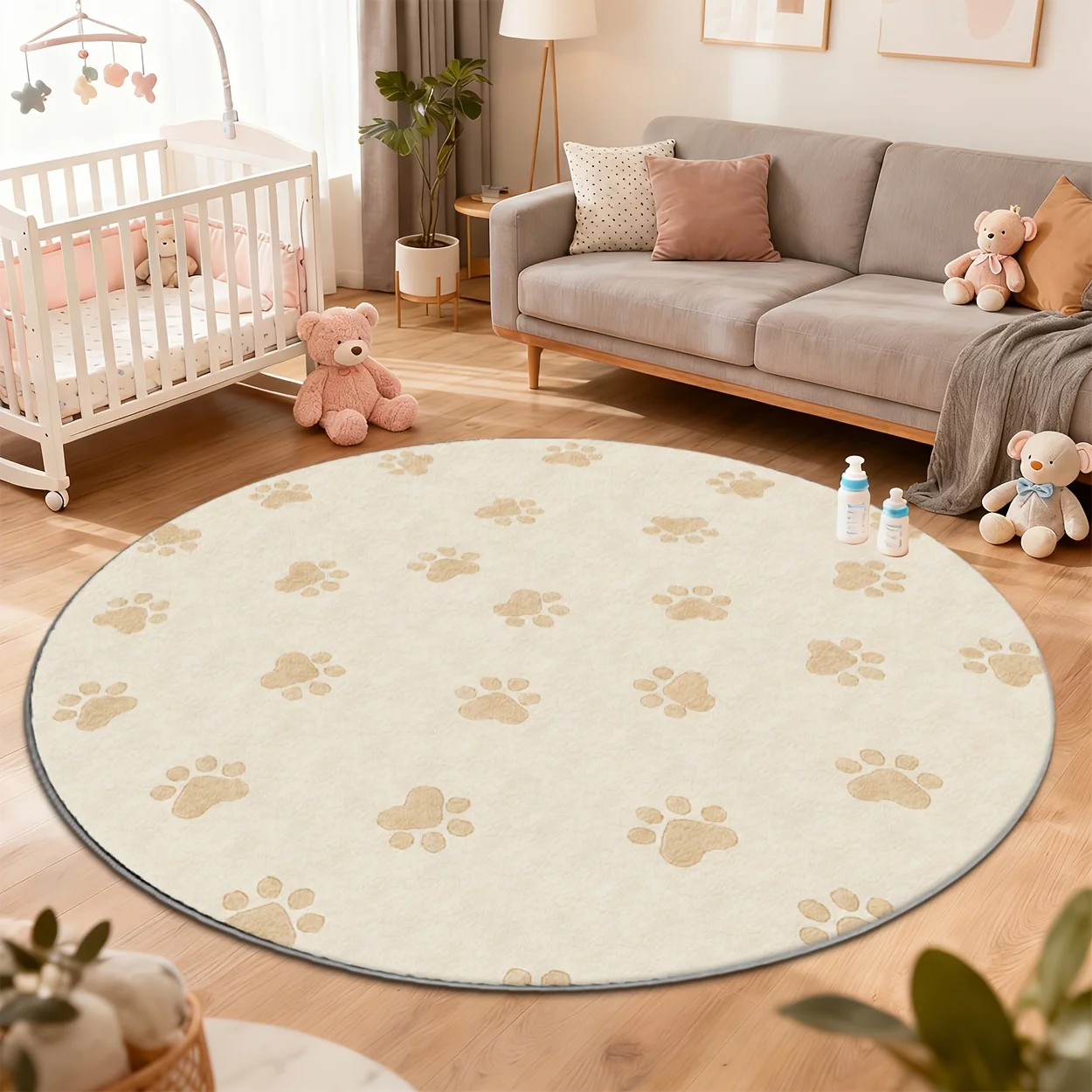 Modern cute paw print round floor rug 2D printed beige animal track pattern entry mat for coffee shop lobby