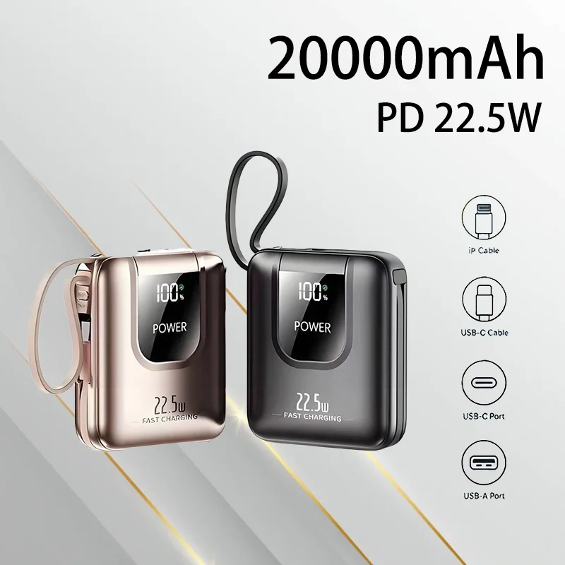 Ultra Thin Lightweight Portable Power Bank 10000mAh 20000mAh Large Capacity Fast Charging Built-in Cable for Outdoor Travel