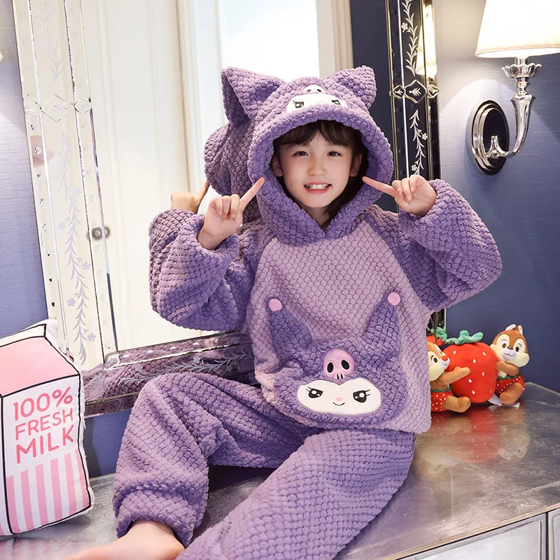 

Anime Kawaii Sanrio My Melody Children's Pajamas Set Sleepwear Thicken Winter Hooded Loungewear Coral Fleece Keep Warm Home Wear